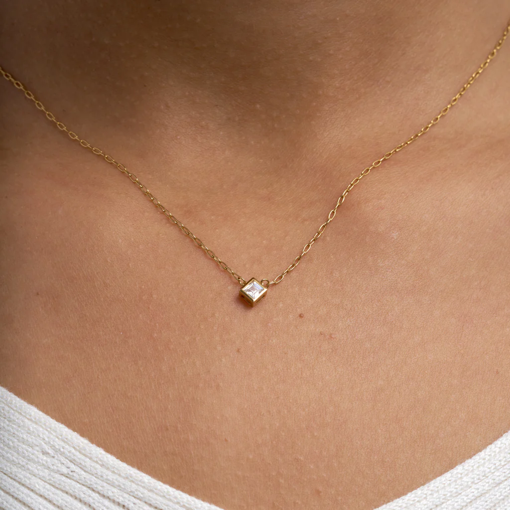 9ct Gold Clear Square Stone Necklace | Delia - Image 3