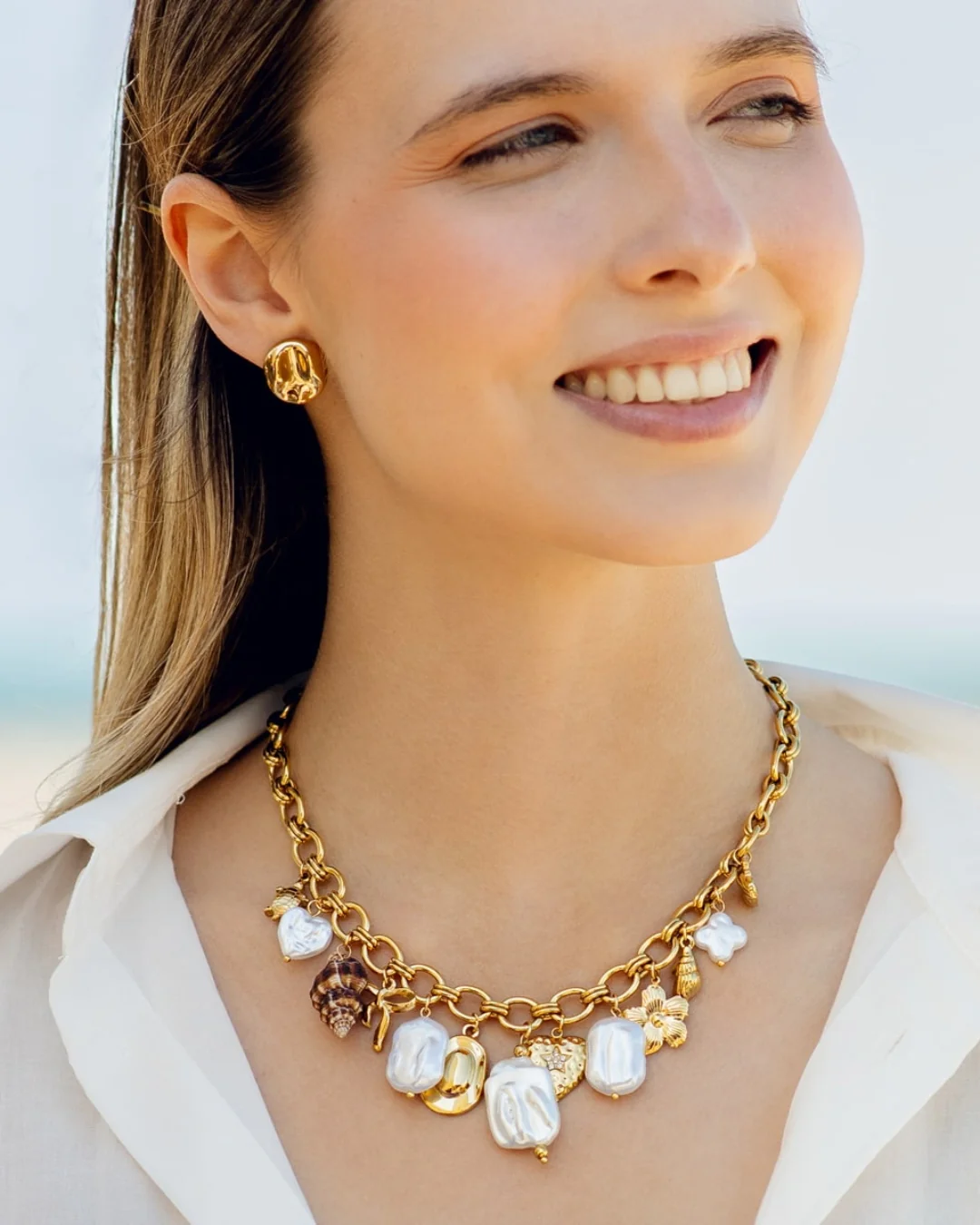 Steel Chunky Chain Pearl & Seashell Charm Necklace | Anartxy - Image 5