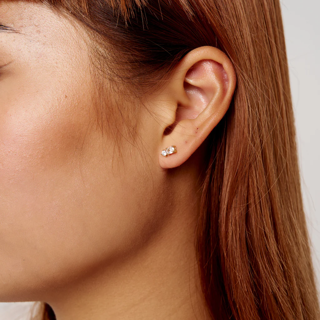 18ct Gold Plated  Dainty Two Stone Stud Earrings | Anju - Image 4