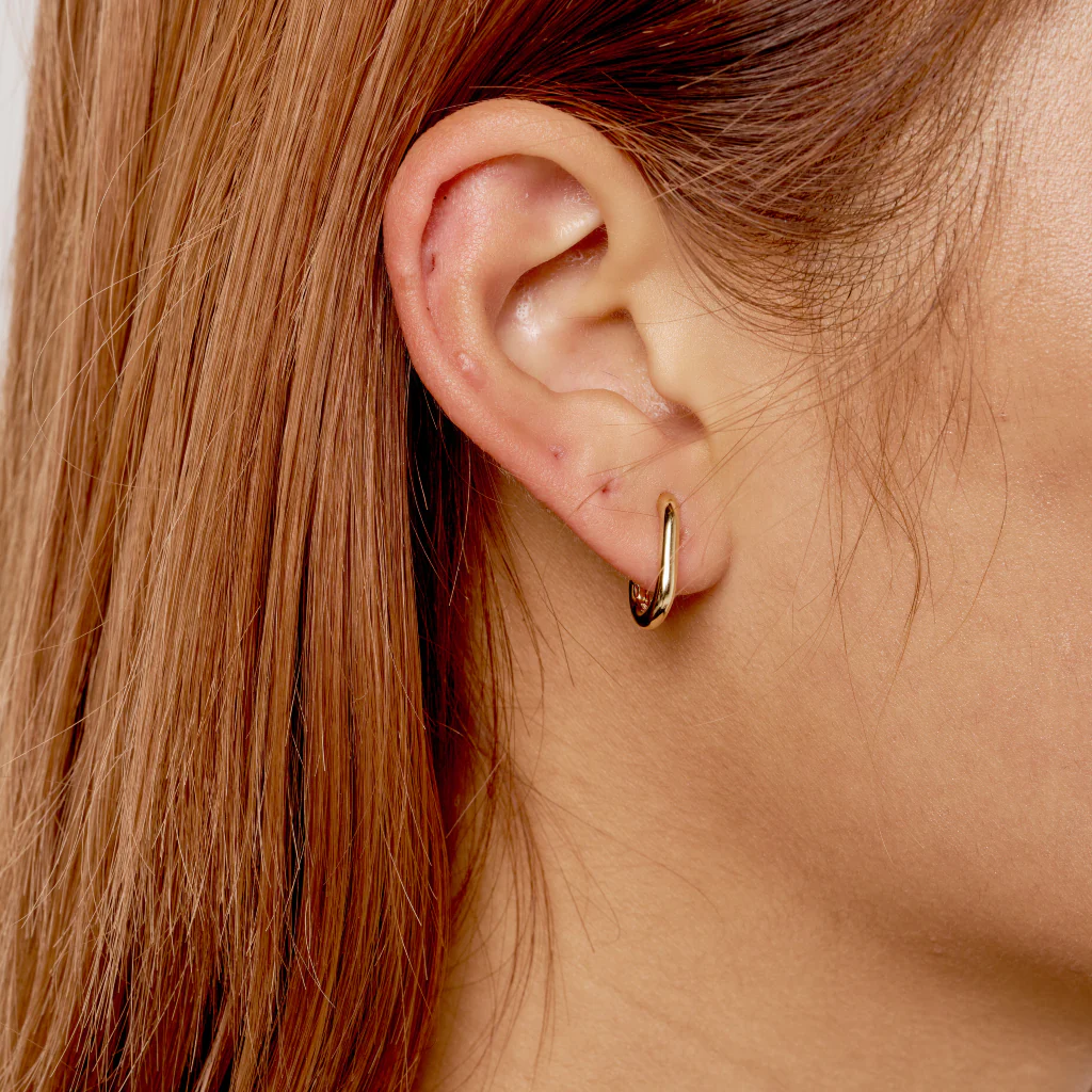 18ct Gold Plated Oval Huggie Hoop Earrings | Sata - Image 3