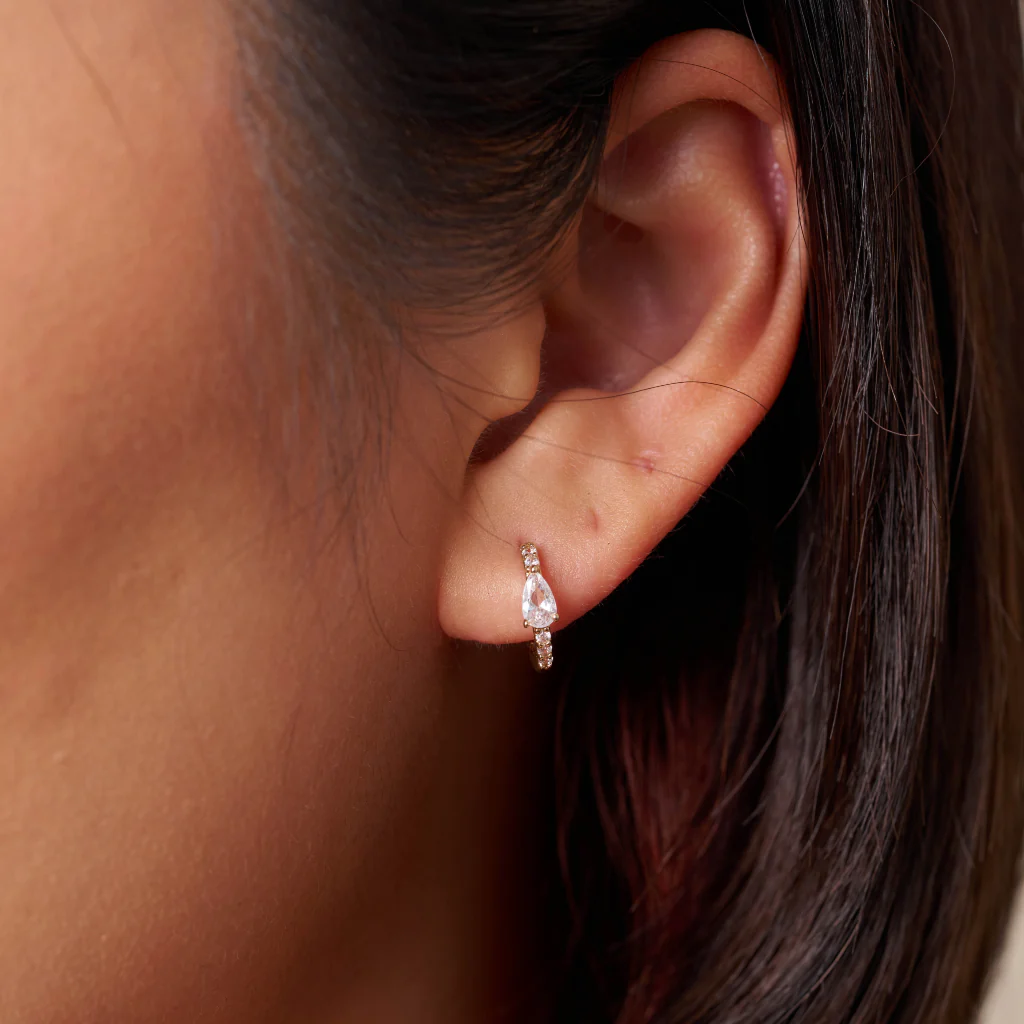18ct Gold Plated Pear Cut Stone Huggie Hoop Earrings | Cira - Image 4