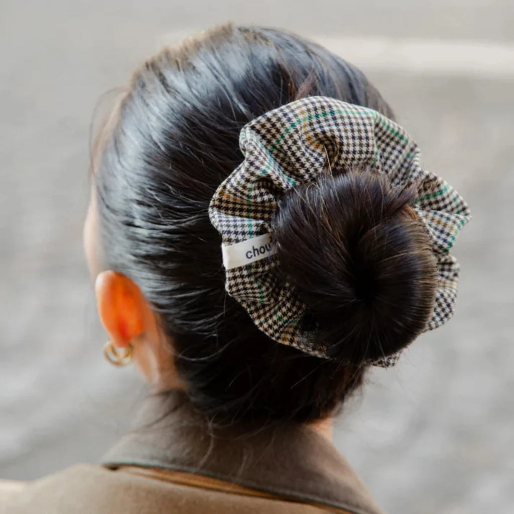 Hair Scrunchie | Yellow & Green Striped Houndstooth | Chou² - Image 2