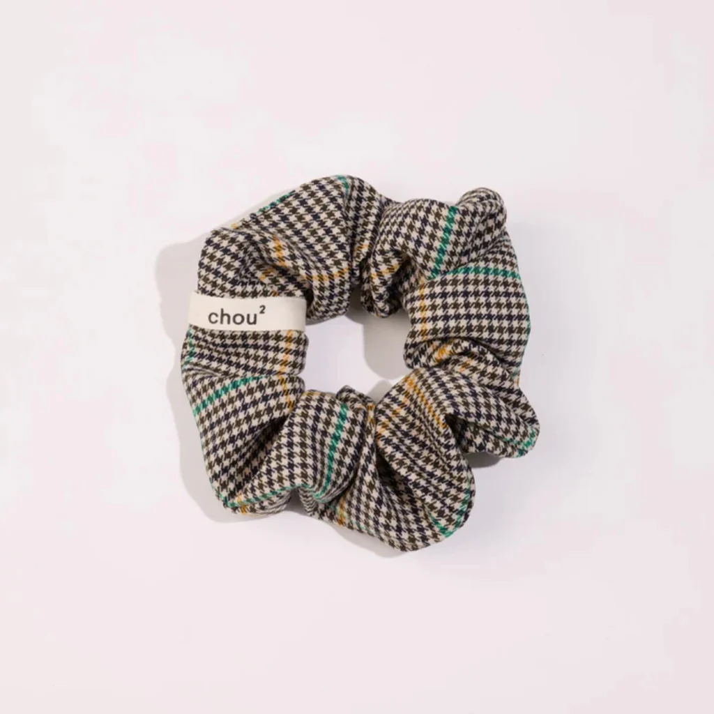 Hair Scrunchie | Yellow & Green Striped Houndstooth | Chou² - Image 3