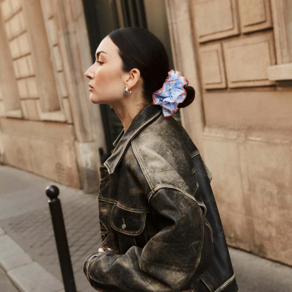 Maxi Hair Scrunchie | Blue Gingham & Orange | Chou² - Image 2