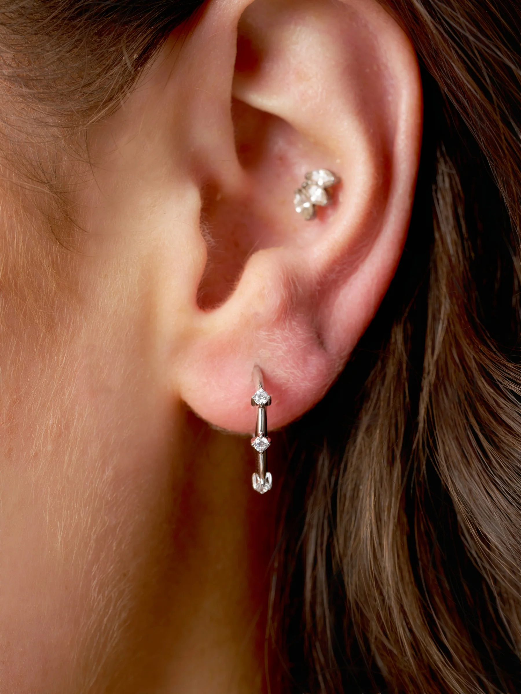 Sterling Silver Three Stone Hoop Stud Earrings | Lira - Image 3