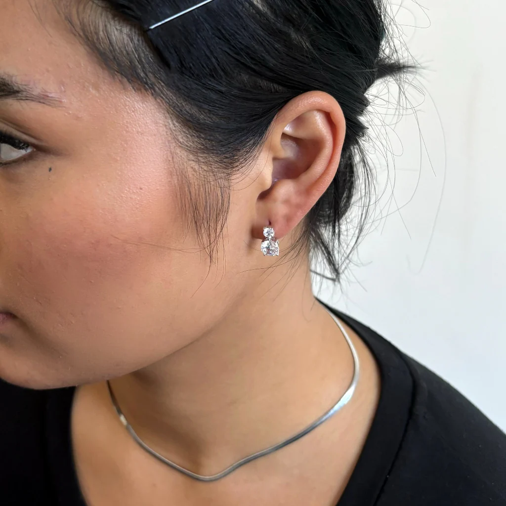 Sterling Silver Two Stone Drop Stud Earrings | Lyia - Image 3