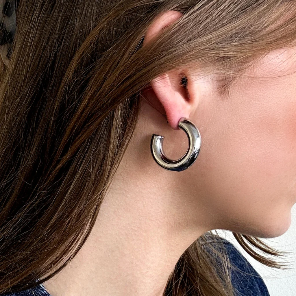 Steel Chunky Hoop Earrings | Silver | Joli - Image 2
