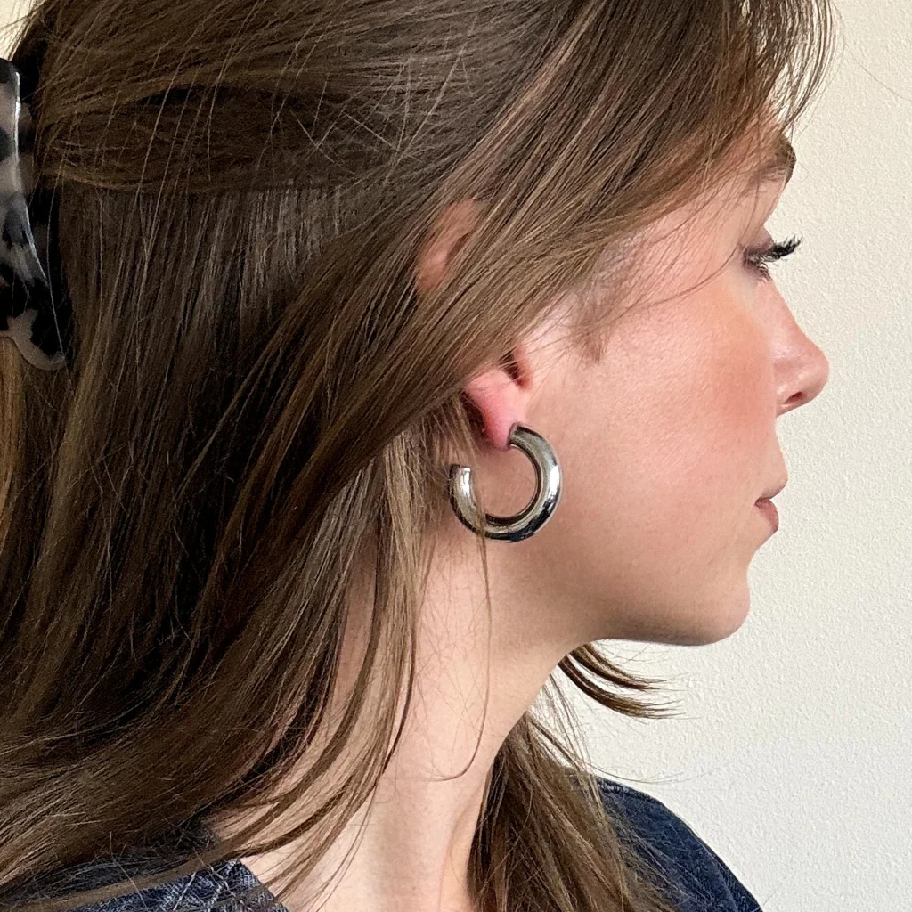 Steel Chunky Hoop Earrings | Silver | Joli - Image 3