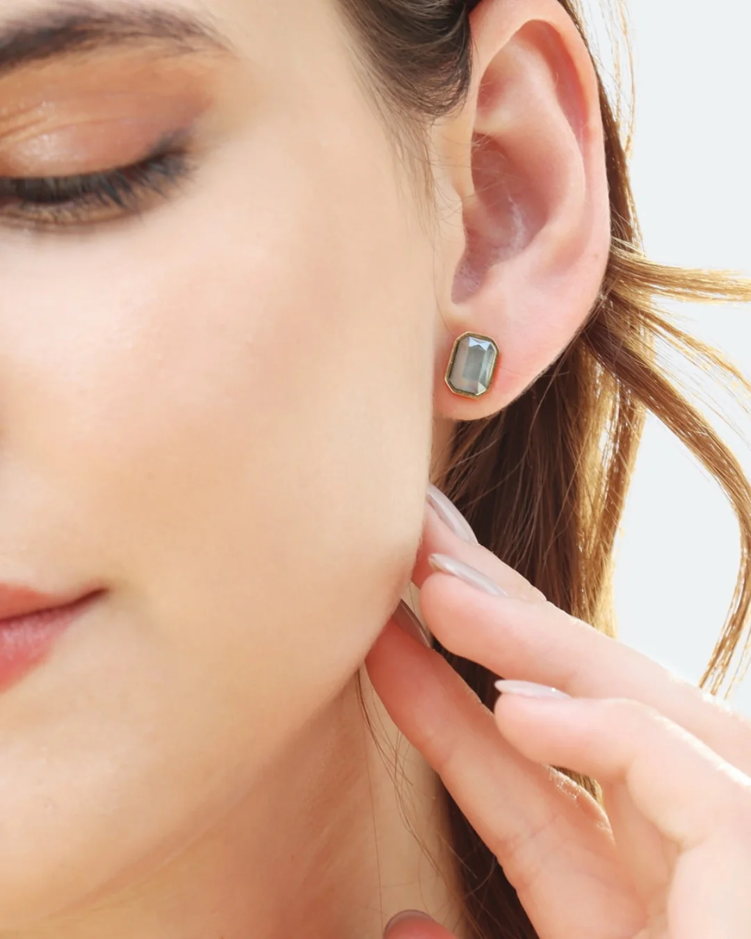 Steel Colour Stone Rectangle Stud Earrings | Anartxy - Image 8
