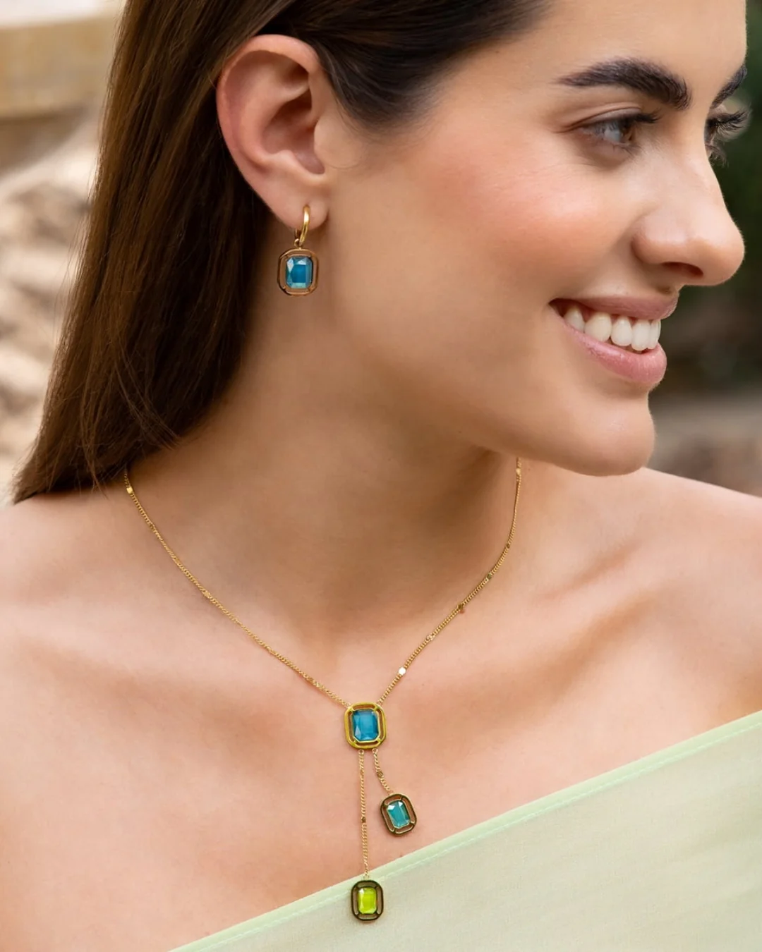 Steel Rectangle Colour Stone Charm Earrings | Anartxy - Image 3