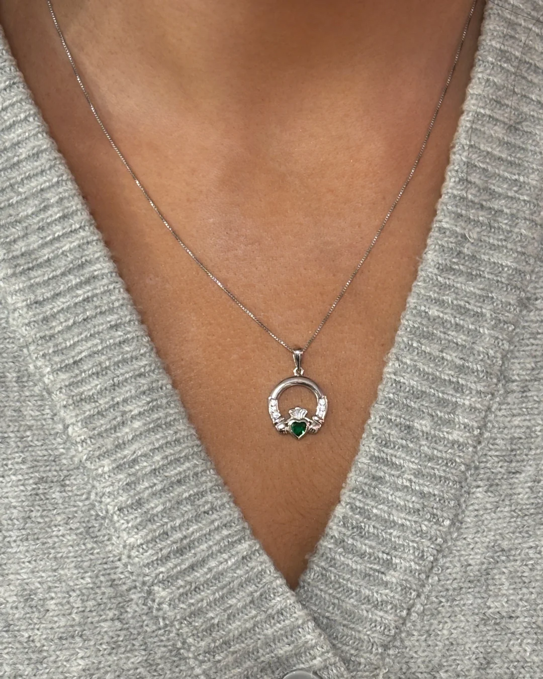 Sterling Silver Cubic Zirconia & Emerald Claddagh Pendant Necklace | Solvar - Image 2