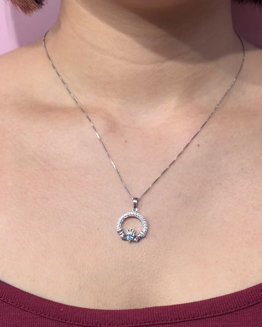 Sterling Silver Blue Zircon Claddagh Necklace | December Birthstone | Solvar - Image 2
