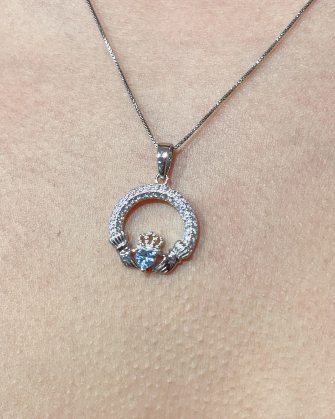 Sterling Silver Blue Zircon Claddagh Necklace | December Birthstone | Solvar - Image 3