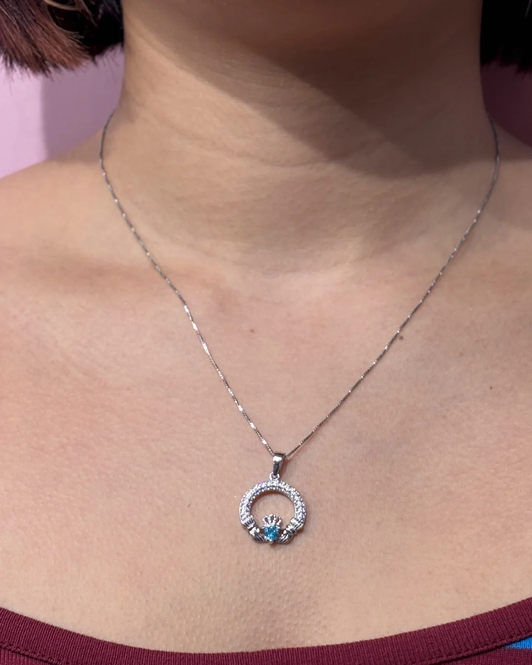 Sterling Silver Aquamarine Claddagh Necklace | March Birthstone | Solvar - Image 2