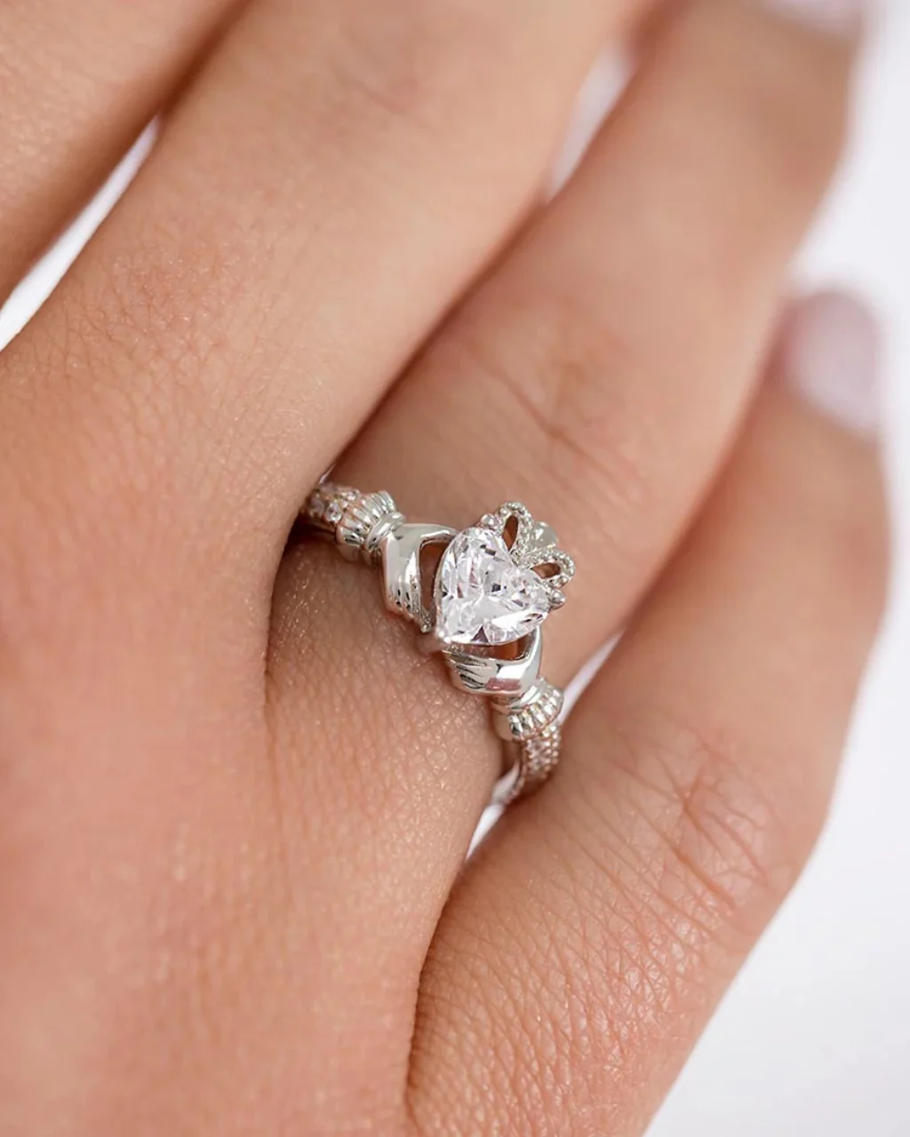Sterling Silver Crystal Claddagh Ring | April Birthstone | Solvar - Image 2