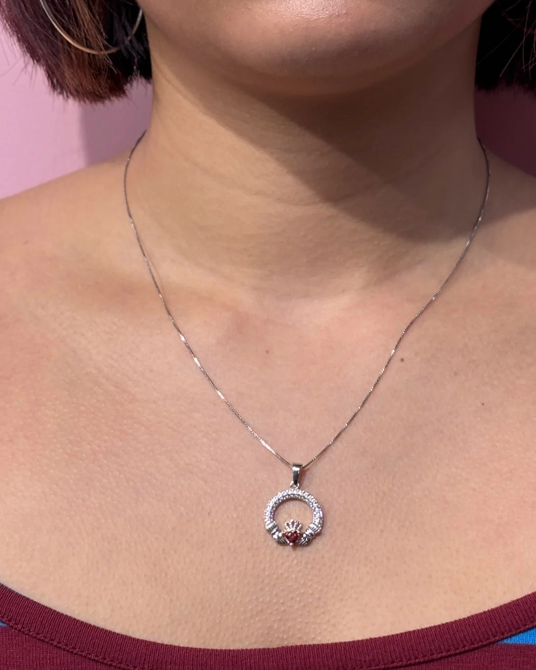 Sterling Silver Garnet Claddagh Necklace | January Birthstone | Solvar - Image 2