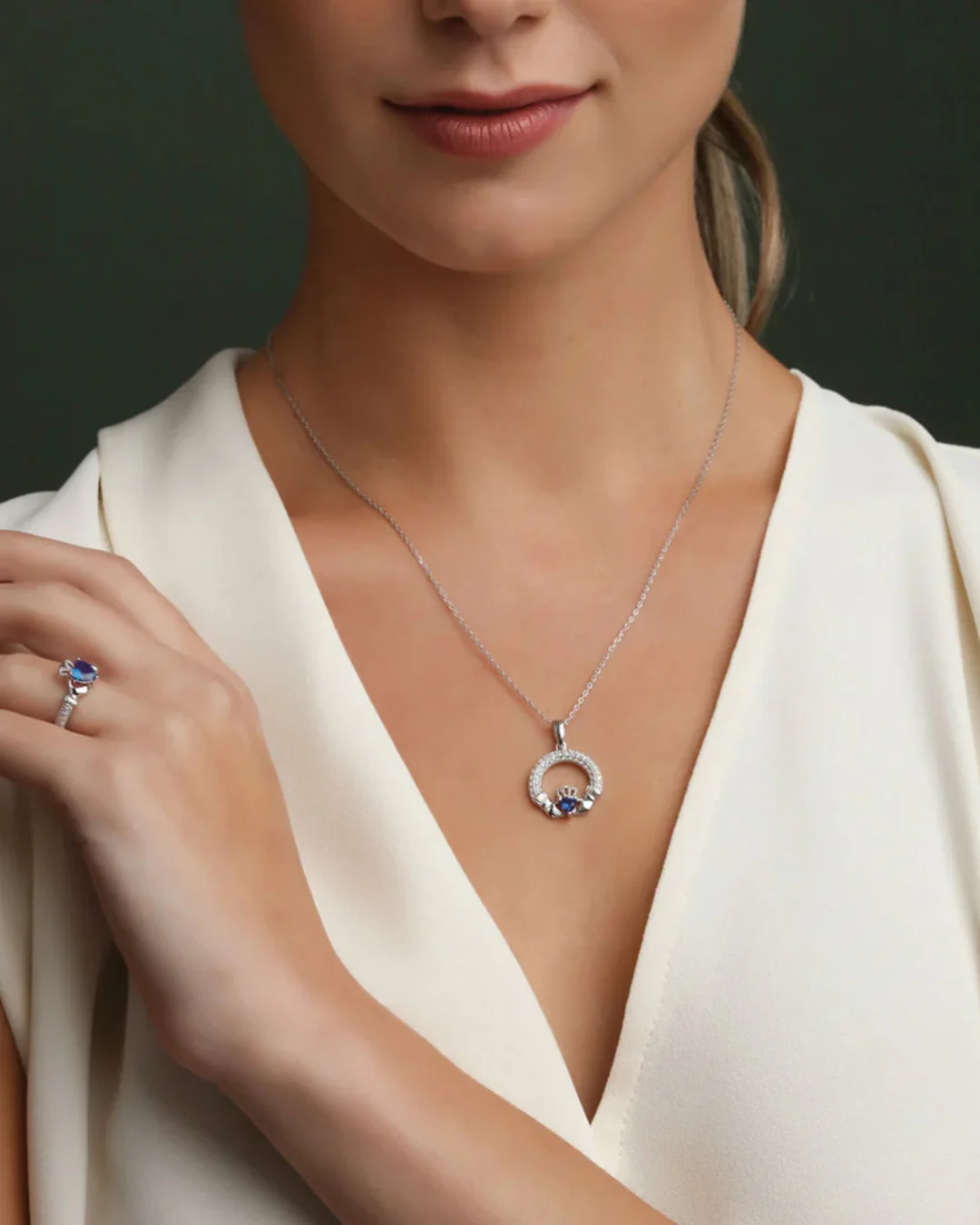 Sterling Silver Sapphire Claddagh Necklace | September Birthstone | Solvar - Image 4